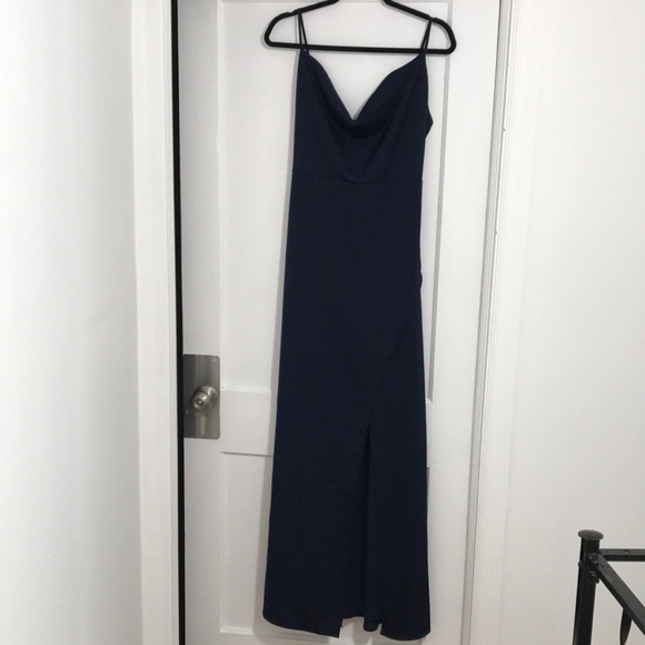 Lulus Unforgettable Love Blue Satin Cowl Neck Faux-Wrap Maxi Dress - Picture 2 of 11